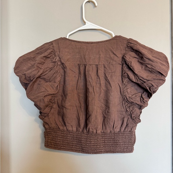 Free People Brown Ruffled Sleeved Wrapped V-Neck Cropped Women’s Blouse Top - Picture 8 of 8